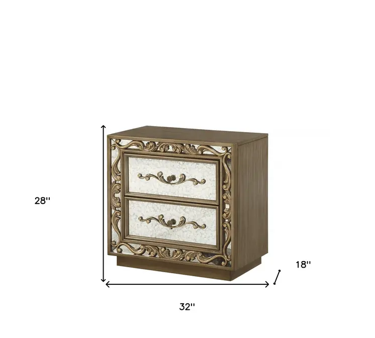 32" X 18" X 28" Antique Gold And Mirrored Poplar Nightstand