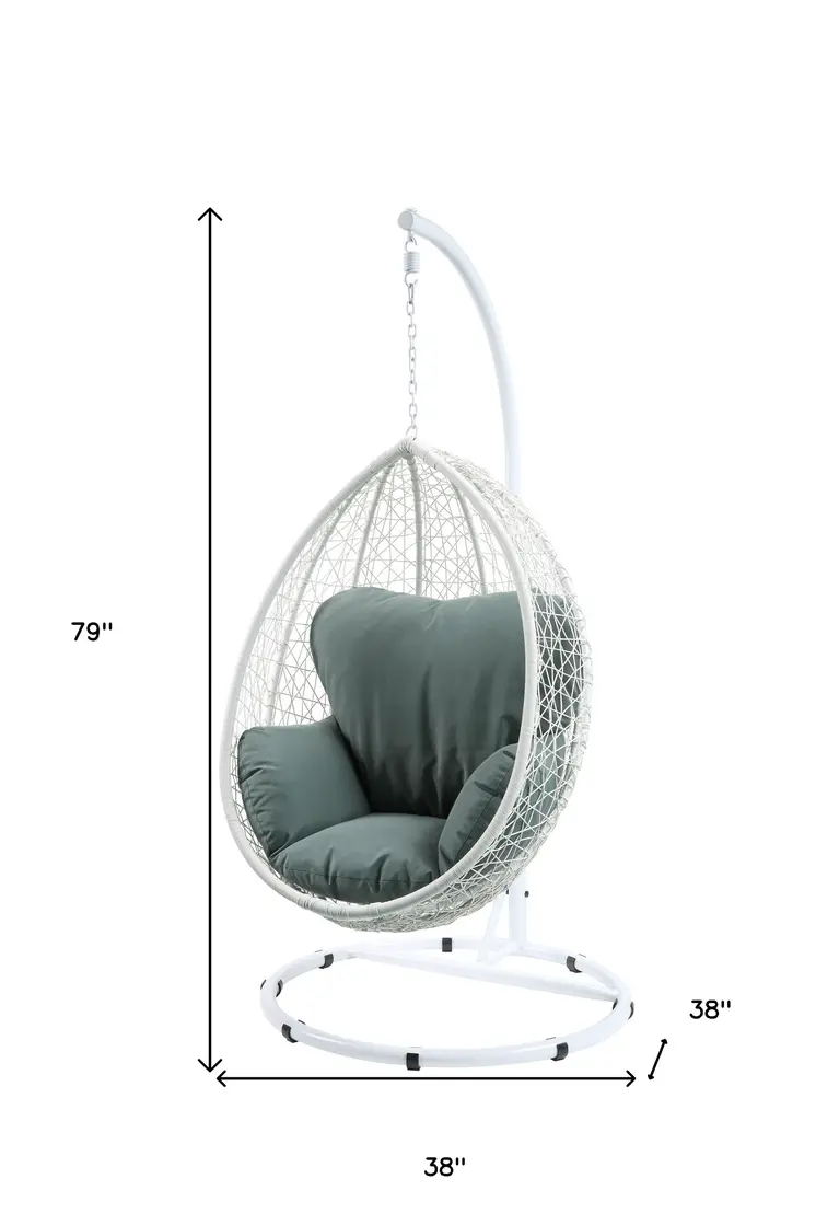 38" White Metal Swing Chair With Green Cushion