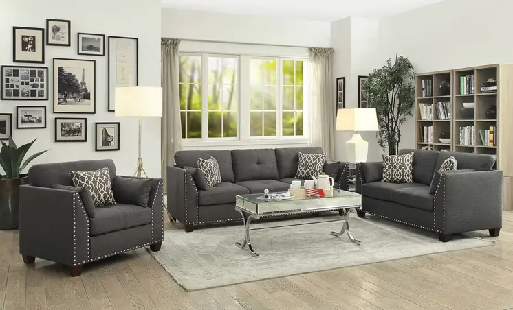 34" Charcoal and Brown Linen Arm Chair And Toss Pillows