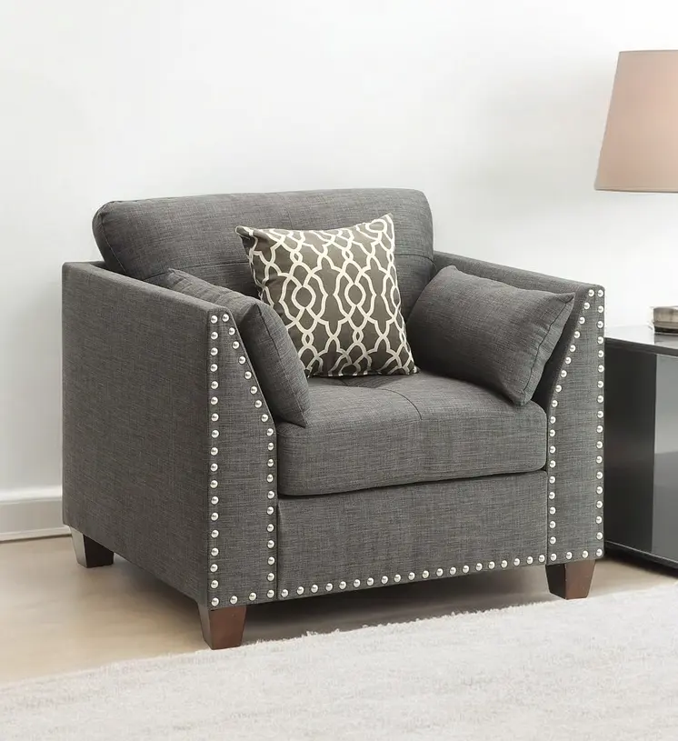 34" Charcoal and Brown Linen Arm Chair And Toss Pillows