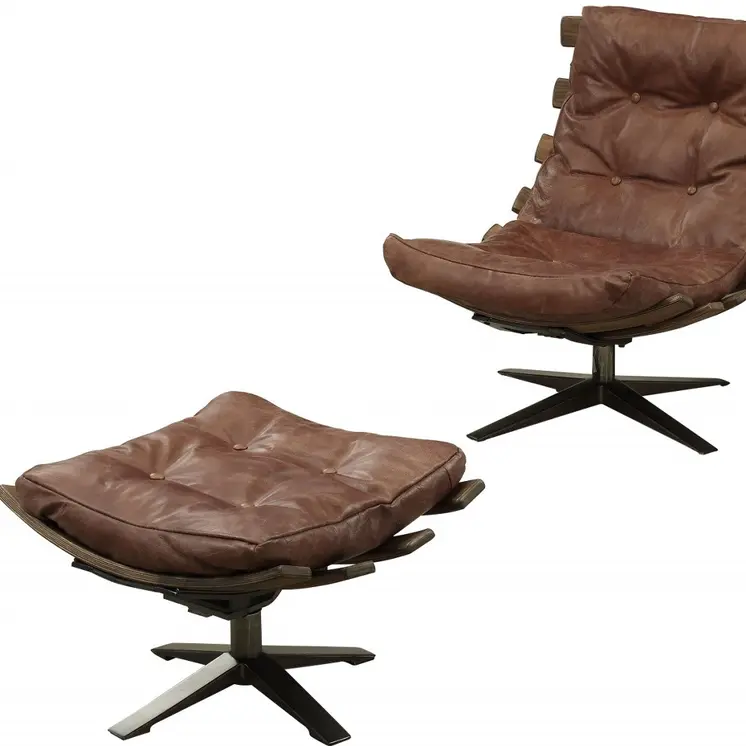 27" Brown and Black Top Grain Leather Tufted Swivel Lounge Chair With Ottoman