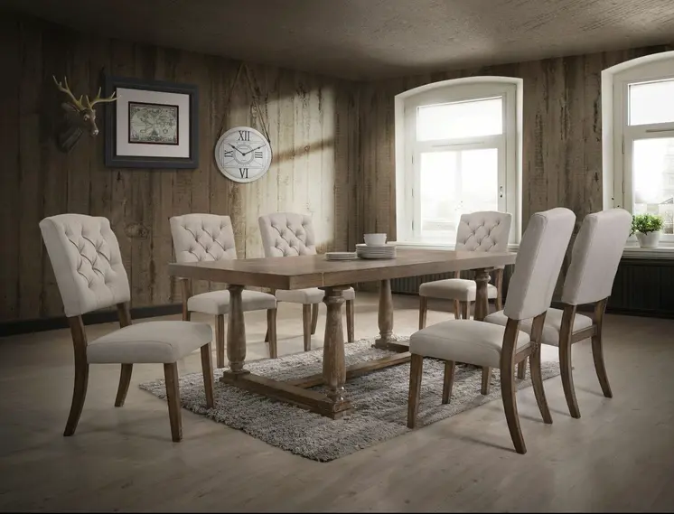 Set of Two Tufted Cream and Brown Upholstered Linen Open Back Dining Side Chairs