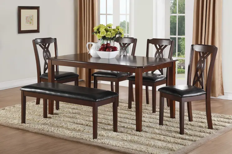 60" X 36" X 30" 6Pc Black Leatherette And Espresso Dining Set