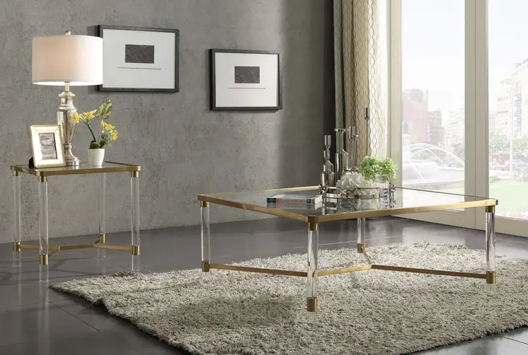 39" X 39" X 17" Clear Acrylic Gold Stainless Steel And Clear Glass Coffee Table