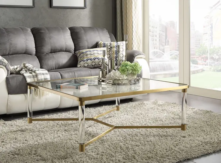 39" X 39" X 17" Clear Acrylic Gold Stainless Steel And Clear Glass Coffee Table