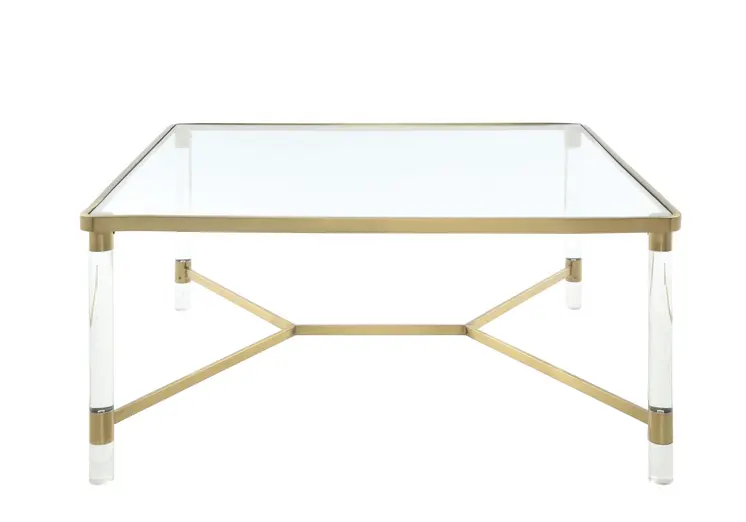 39" X 39" X 17" Clear Acrylic Gold Stainless Steel And Clear Glass Coffee Table