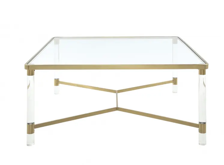 39" X 39" X 17" Clear Acrylic Gold Stainless Steel And Clear Glass Coffee Table