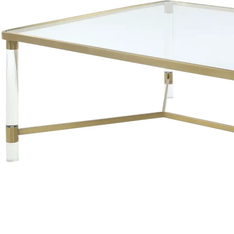 39" X 39" X 17" Clear Acrylic Gold Stainless Steel And Clear Glass Coffee Table