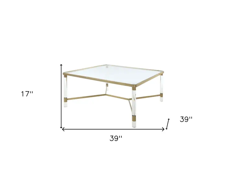 39" X 39" X 17" Clear Acrylic Gold Stainless Steel And Clear Glass Coffee Table
