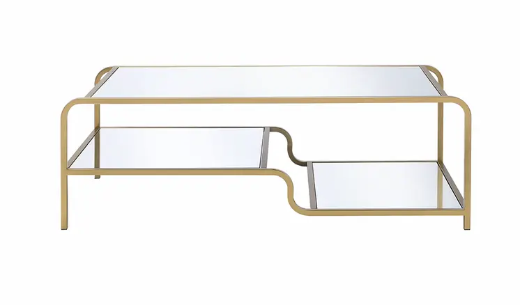 52" Clear and Gold Mirrored Glass And Iron Coffee Table With Shelf