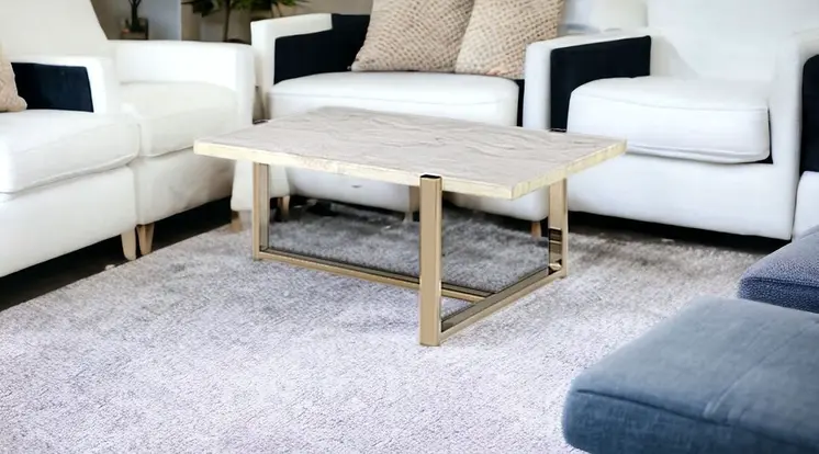 43" White and Gold Faux Marble And Iron Frame Coffee Table