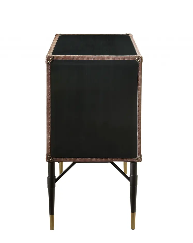 52" Brown Silver and Black Leather And Aluminum Console Table With Two Drawers