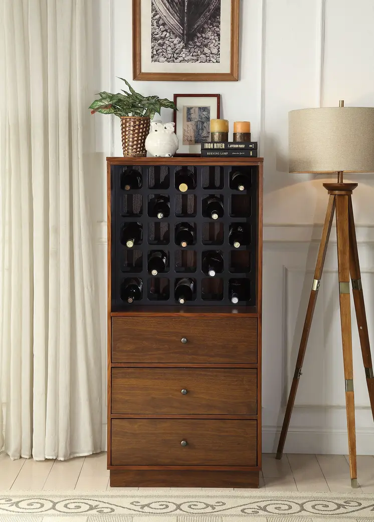 52" Brown And Black Wood Bar Cabinet With Three Drawers