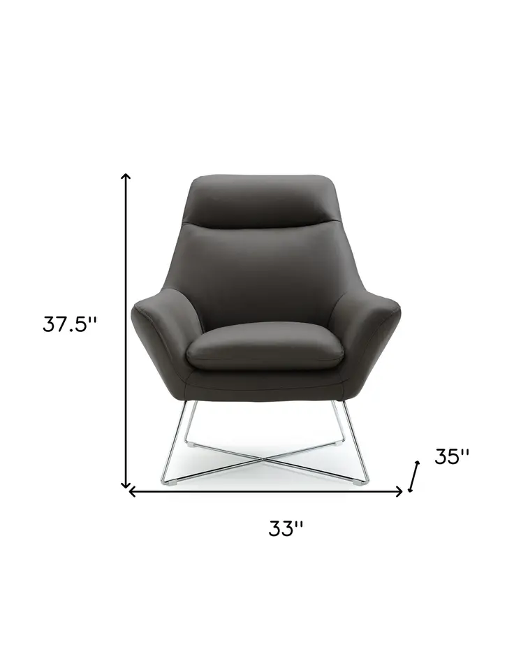 33" Gray and Silver Italian Leather Tufted Arm Chair