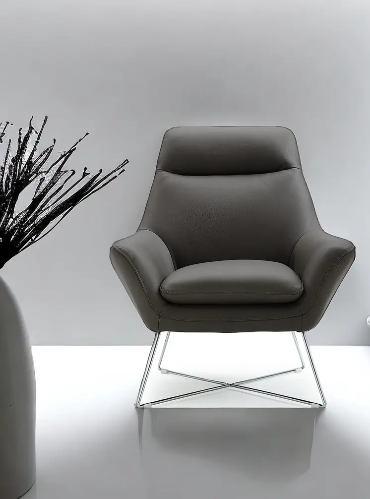 33" Gray and Silver Italian Leather Tufted Arm Chair