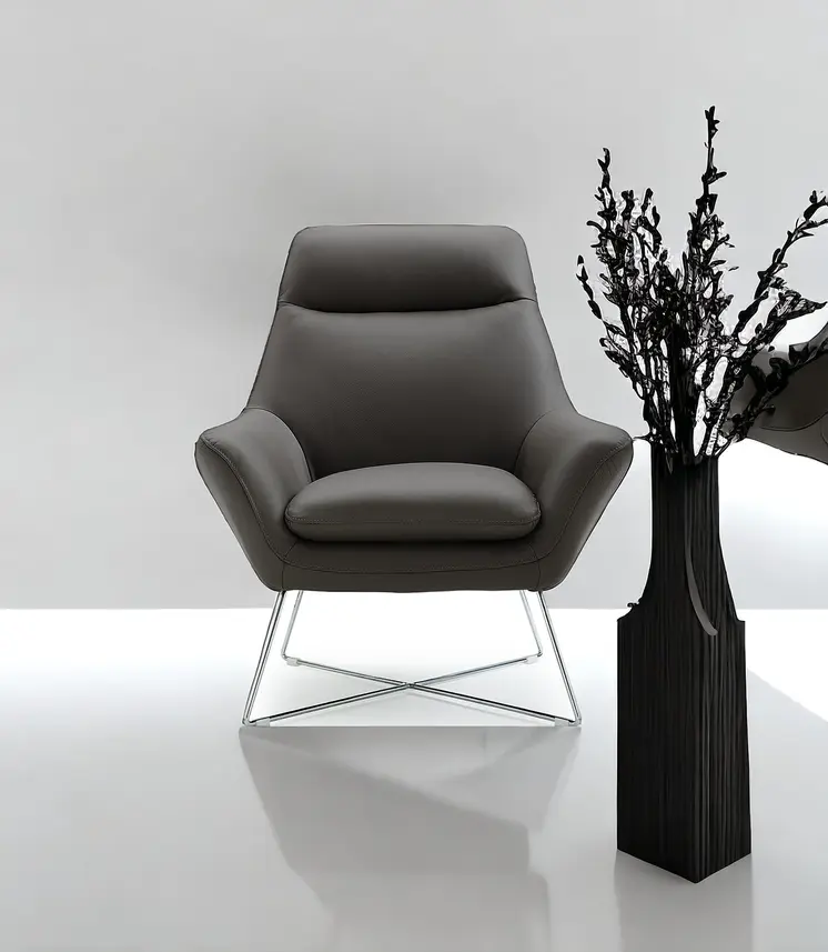 33" Gray and Silver Italian Leather Tufted Arm Chair