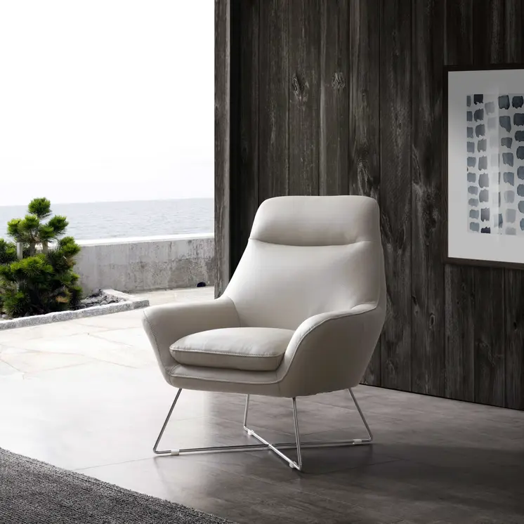 33" Light Gray and Silver Italian Leather Tufted Arm Chair