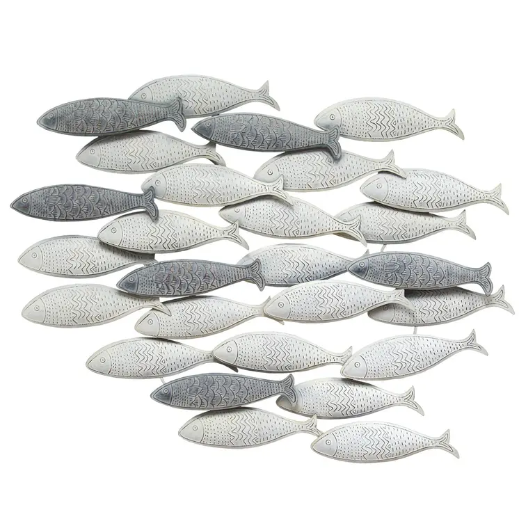 37" Gray And Antiqued White Metal School Of Fish Hanging Dimensional Sculpture