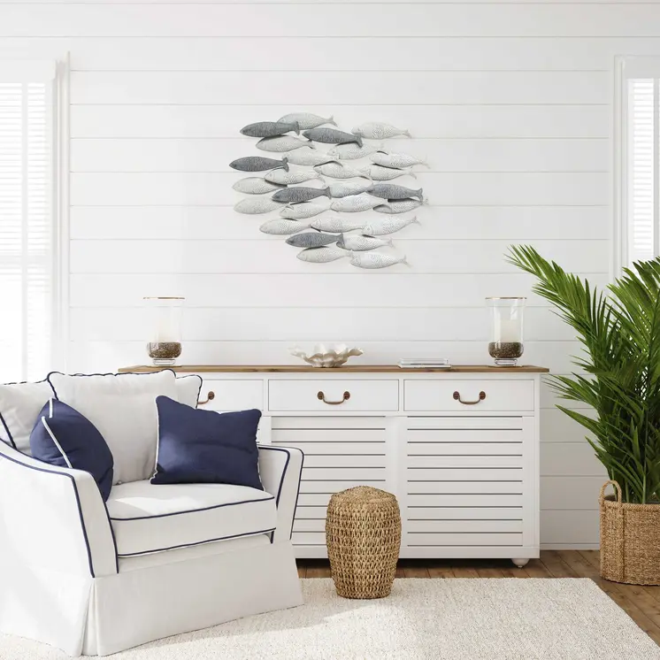 37" Gray And Antiqued White Metal School Of Fish Hanging Dimensional Sculpture