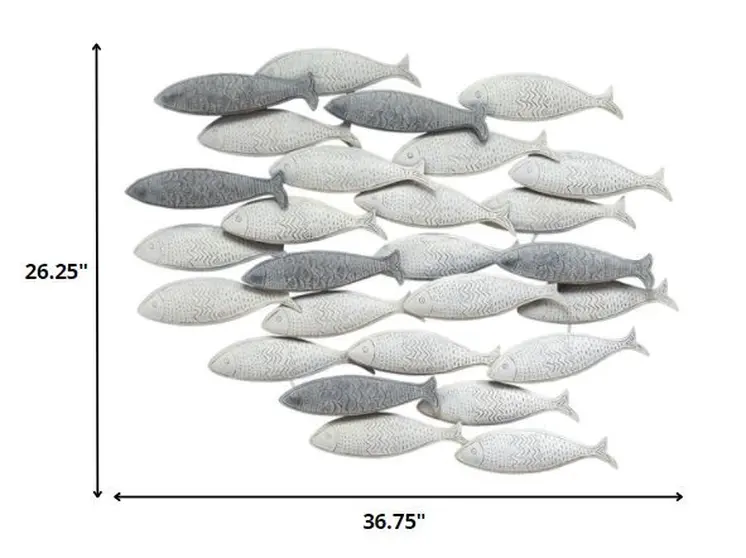37" Gray And Antiqued White Metal School Of Fish Hanging Dimensional Sculpture