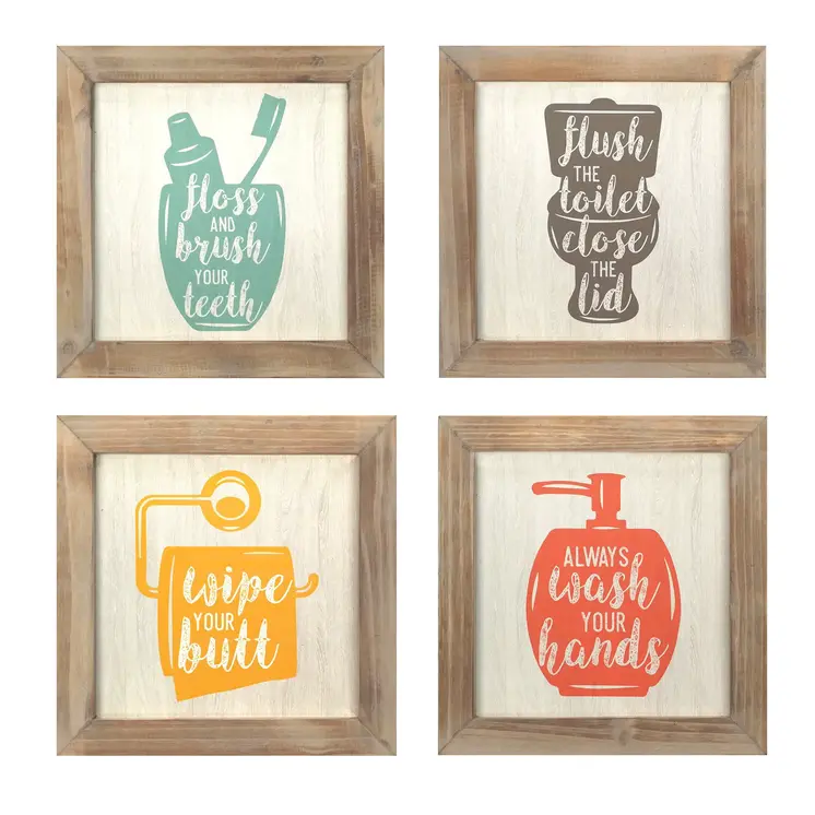 Set of Four Light Brown Wood Framed Square Bathroom Wall Art