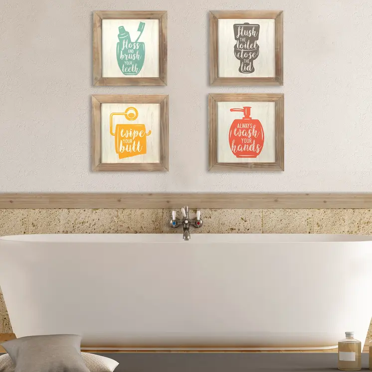 Set of Four Light Brown Wood Framed Square Bathroom Wall Art