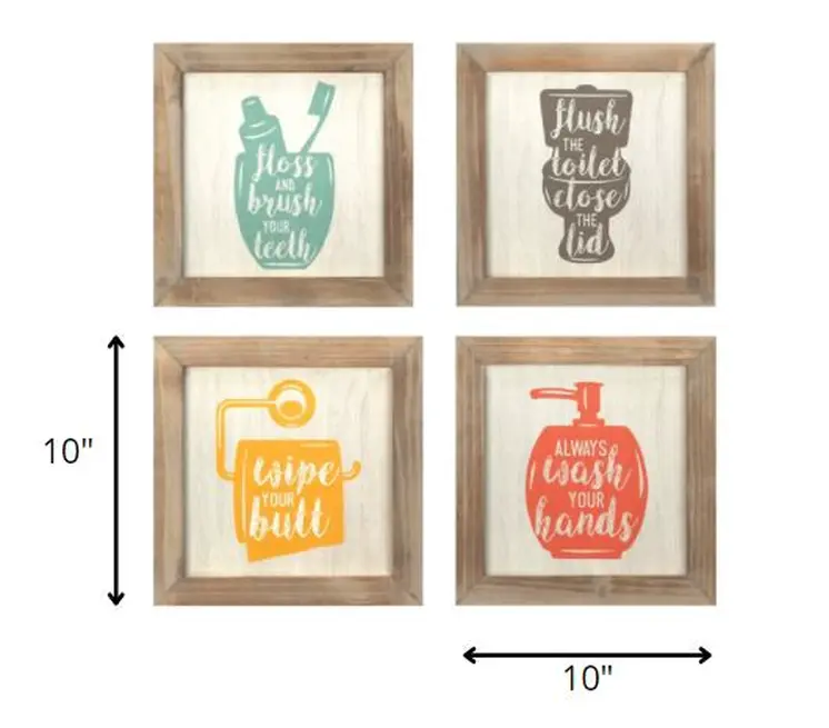 Set of Four Light Brown Wood Framed Square Bathroom Wall Art