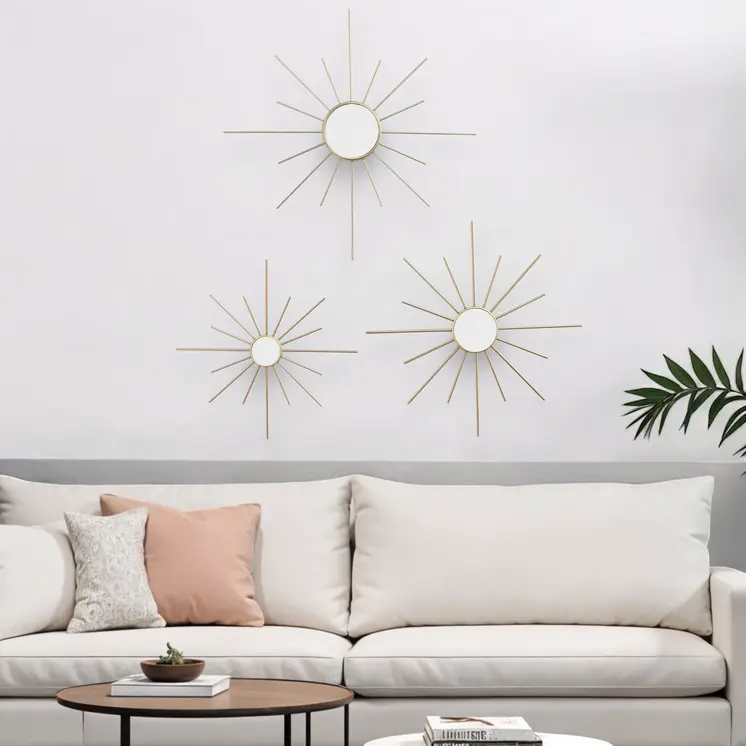 Set of Three Gold Mirrored Metal Sunburst Wall Decor