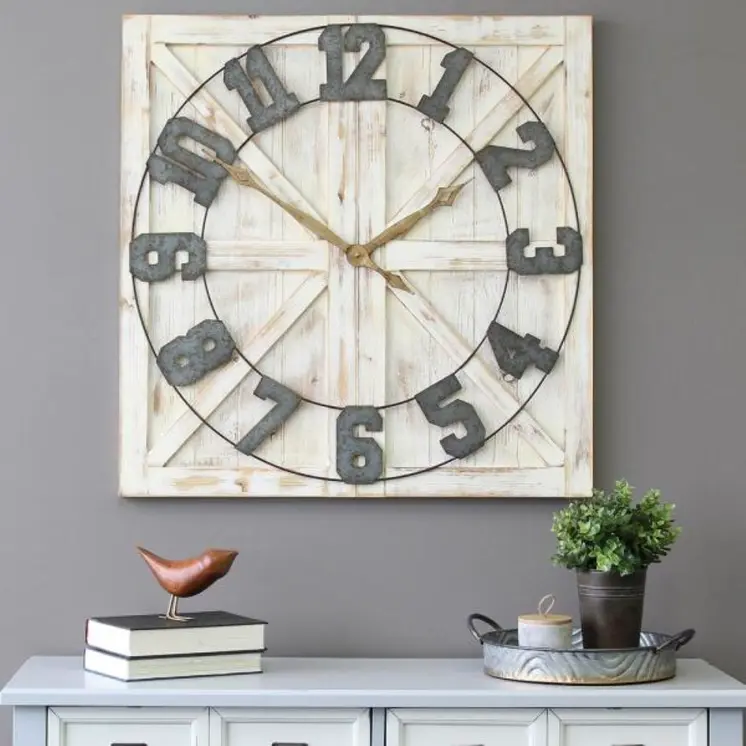 Square Distressed Wood And Metal Wall Clock