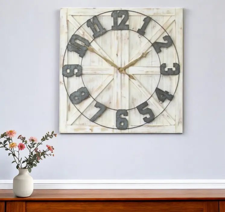 Square Distressed Wood And Metal Wall Clock