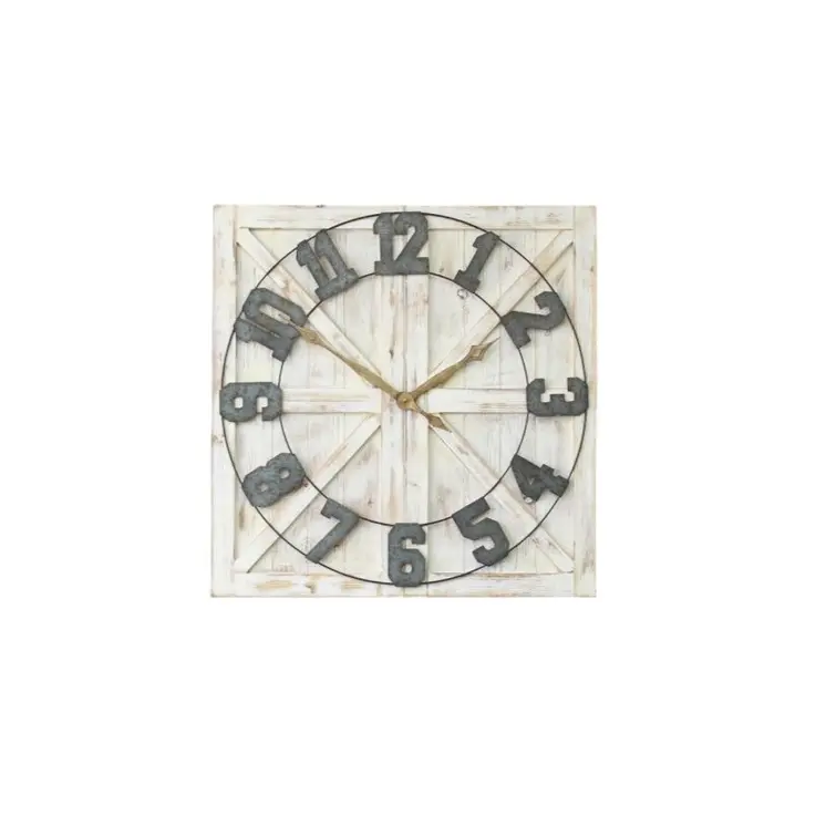 Square Distressed Wood And Metal Wall Clock