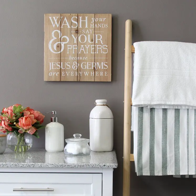 12" Natural And White Wash Your Hands Say Your Prayers Wood Plank Wall Art