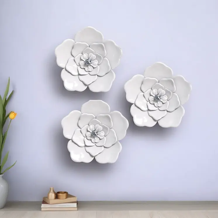 Set of Three 8" x 8" White Metal Flower Wall Decor