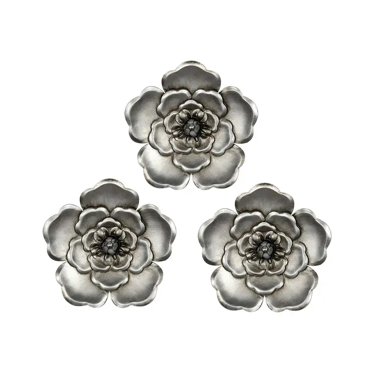 Set of Three Silver Metal Wall Flowers Hanging Dimensional Sculptures
