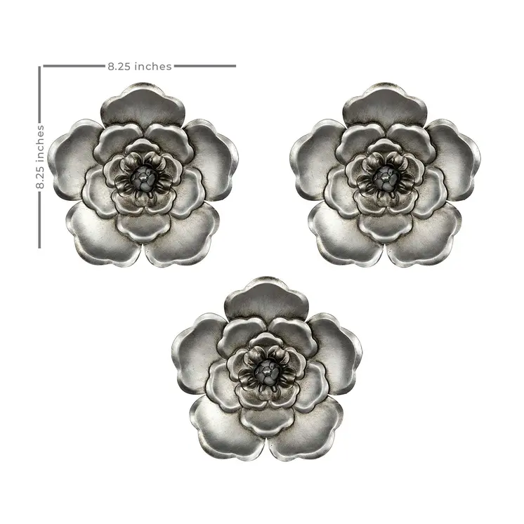 Set of Three Silver Metal Wall Flowers Hanging Dimensional Sculptures
