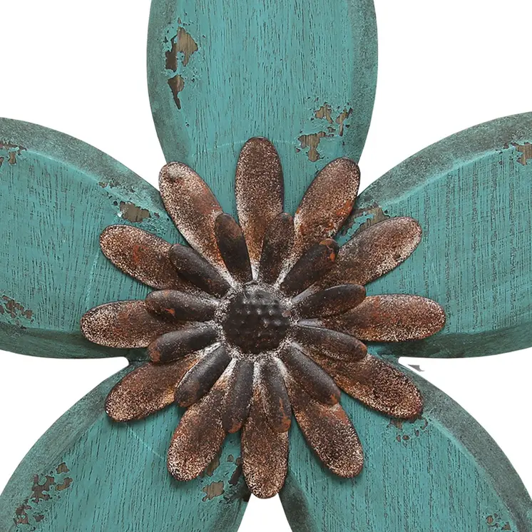 Distressed Teal And Red Antique Flower Metalwall Decor