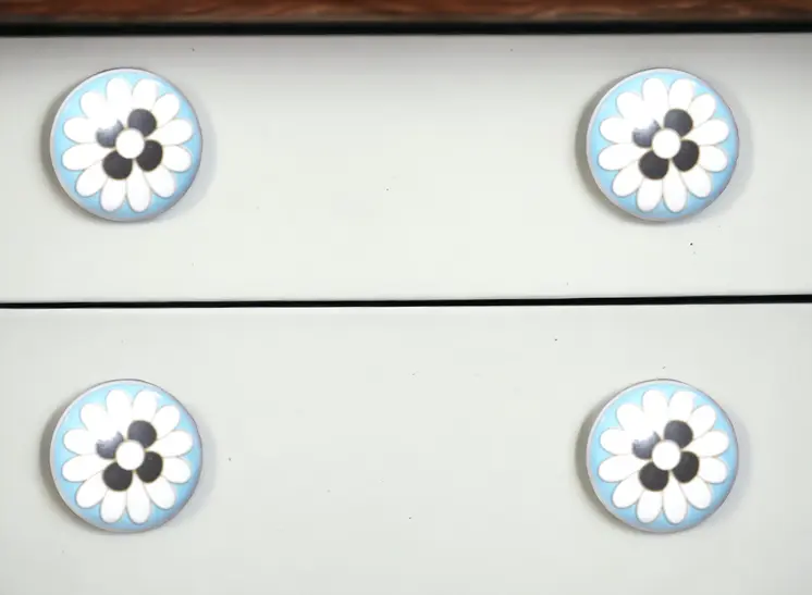 Set of Eight Blue White And Black Floral Ceramic Drawer Pull Knobs