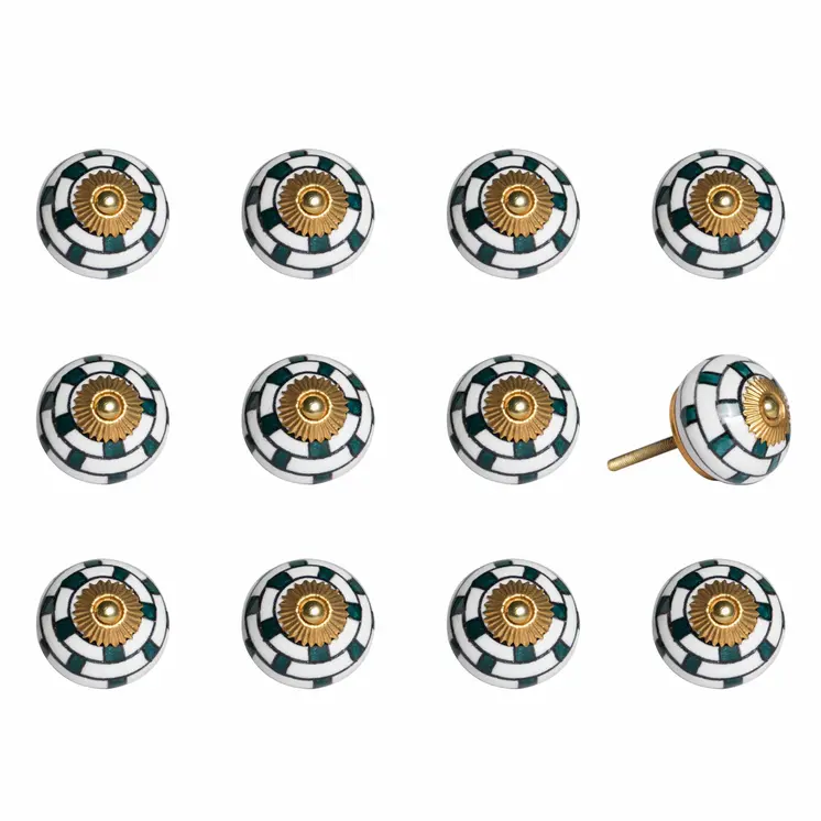 Set of Twelve White Teal And Gold Geometric Ceramic Drawer Pull Knobs