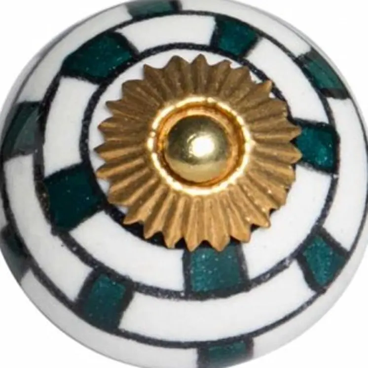 Set of Twelve White Teal And Gold Geometric Ceramic Drawer Pull Knobs