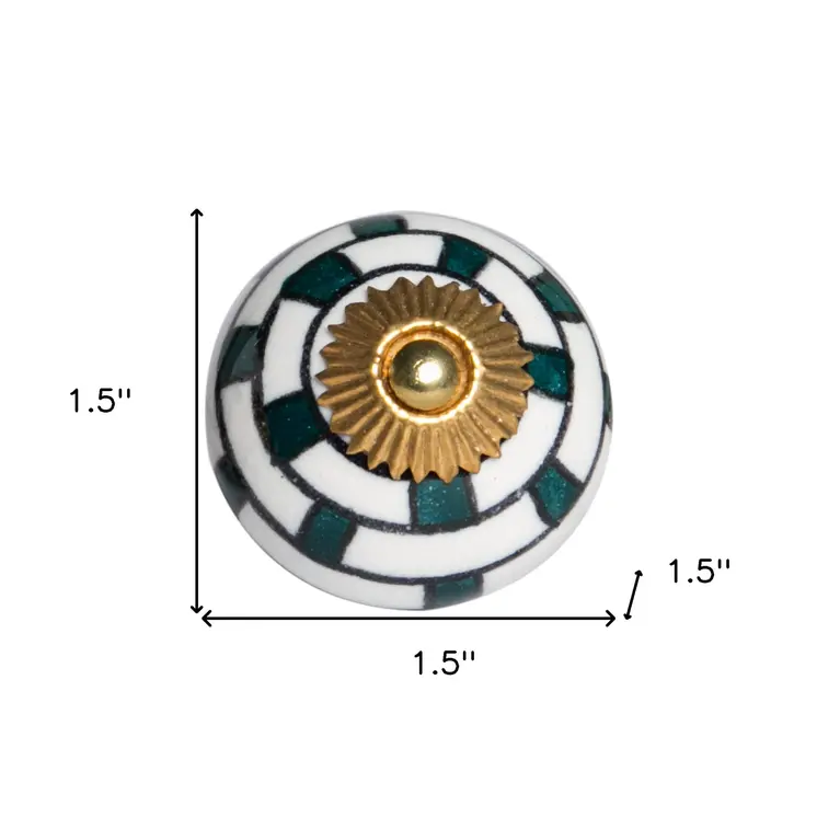 Set of Twelve White Teal And Gold Geometric Ceramic Drawer Pull Knobs