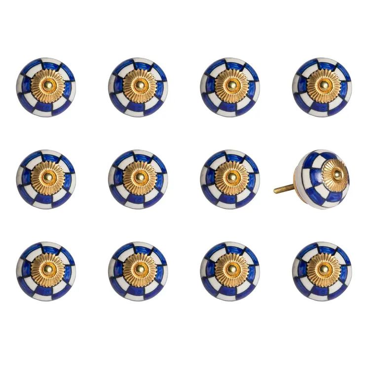 Set of Twelve Blue White And Gold Geometric Ceramic Drawer Pull Knobs