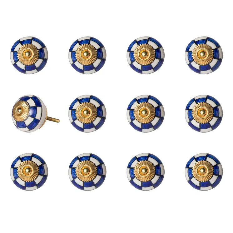 Set of Twelve Blue White And Gold Geometric Ceramic Drawer Pull Knobs