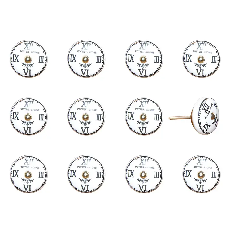 Set of Twelve Black White And Gold Clock Face Ceramic Drawer Pull Knobs