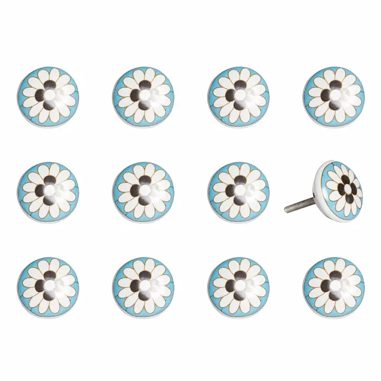 Set of Twelve Sky Blue And White Floral Ceramic Drawer Pull Knobs