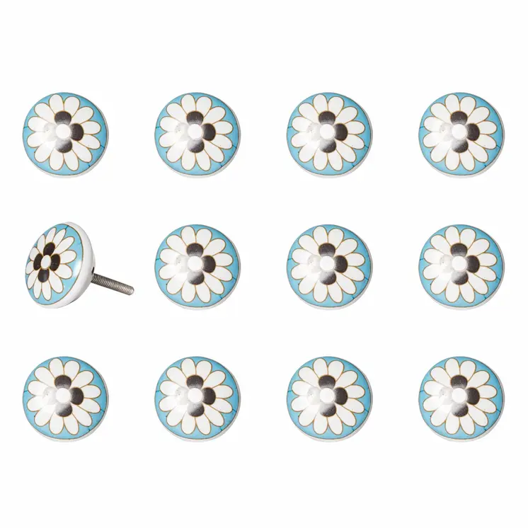 Set of Twelve Sky Blue And White Floral Ceramic Drawer Pull Knobs