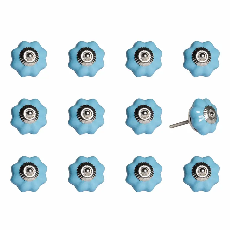 Set of Twelve Blue And Silver Ceramic Drawer Pull Knobs