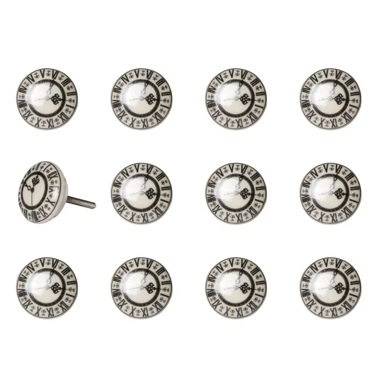 Set of Twelve Black And Gray Clock Face Ceramic Drawer Pull Knobs