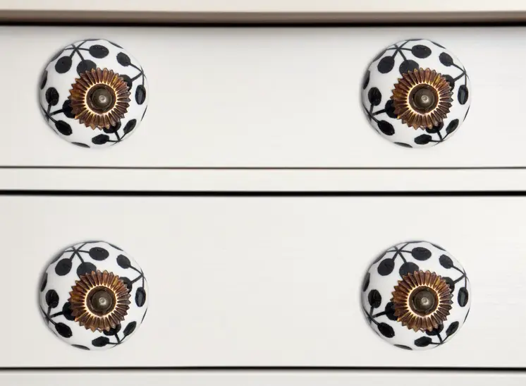 Set of Twelve Black White And Copper Ceramic Geometric Drawer Pull Knobs