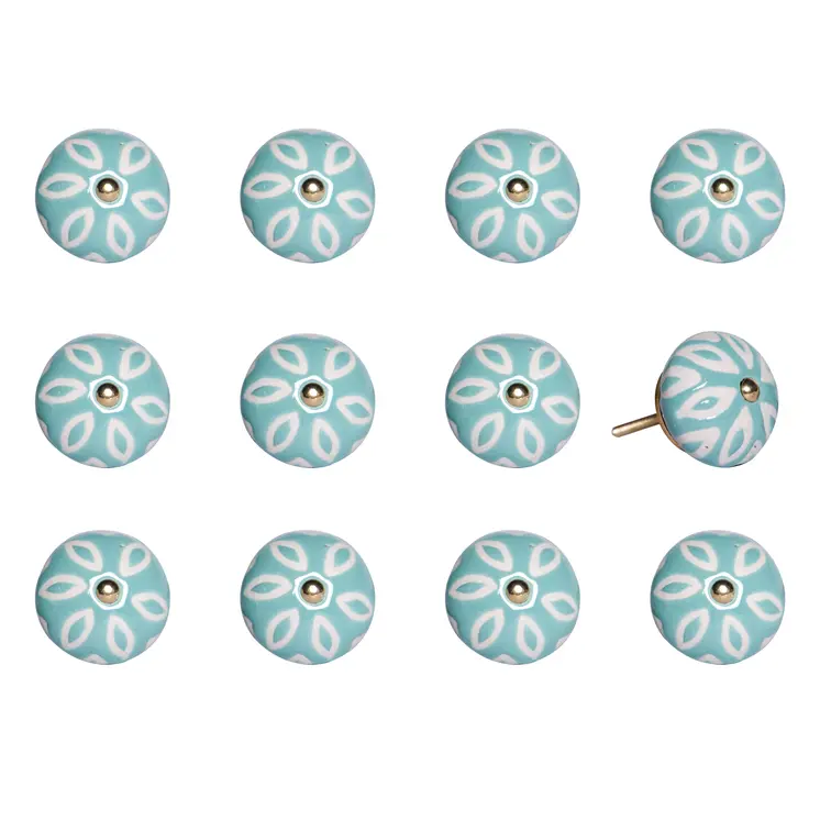 Set of Twelve Aqua And White Geometric Ceramic Drawer Pull Knobs