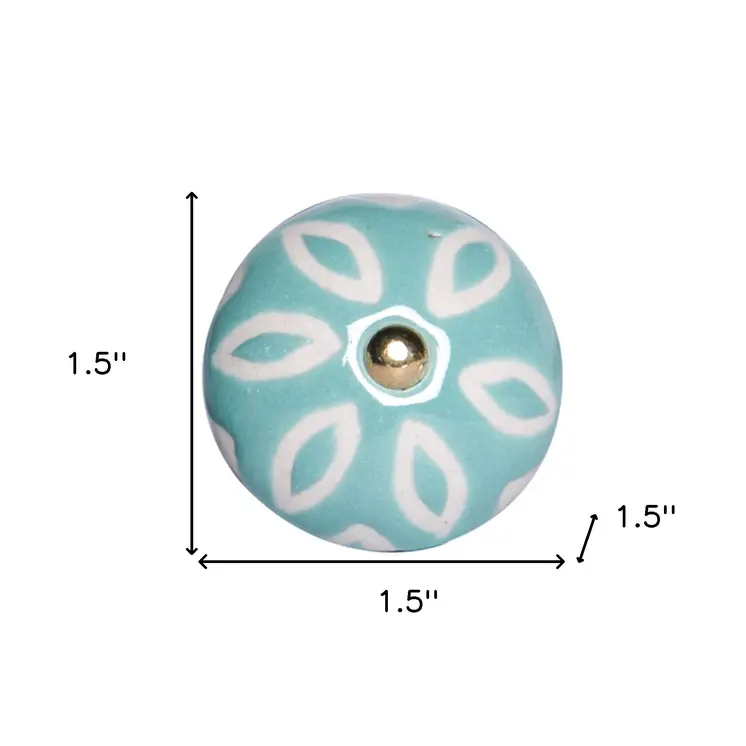 Set of Twelve Aqua And White Geometric Ceramic Drawer Pull Knobs